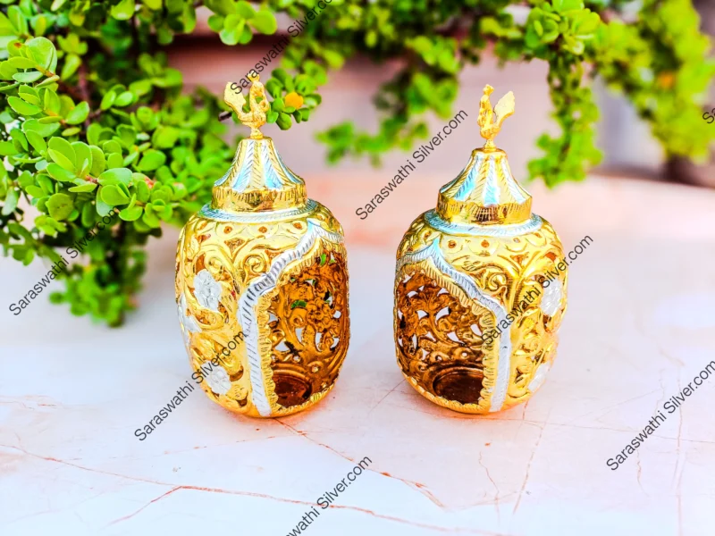 Gold Plated Kamakshi Vilakku Silver Vilakku for Pooja Pure Silver Diya Set Traditional South Indian Pooja Lamp 24K Gold Plated Silver Diya Buy Silver Pooja Items Online Handmade Silver Kamakshi Deepam Saraswathi Silver Products Diwali Silver Gifts Online South Indian Wedding Return Gifts Antique Style Silver Oil Lamps