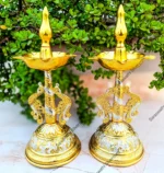 Brass Kamakshi diya, Traditional pooja vilakku, Gold silver polish deepam, Handcrafted diya for temple, South Indian pooja lamp brass, Kamakshi vilakku for aarti, Saraswathi Silver diya lamp, Festival diya gift brass,