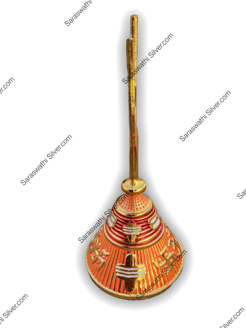 Mandir bell with Trishul and Damru Spiritual bell for daily pooja Om symbol temple bell Hindu religious bell for home temple Silver plated pooja bell with symbols Decorative bell for puja room Bell for Shivratri pooja Designer pooja bell for gift Bell for office pooja setup Small puja bell for meditation